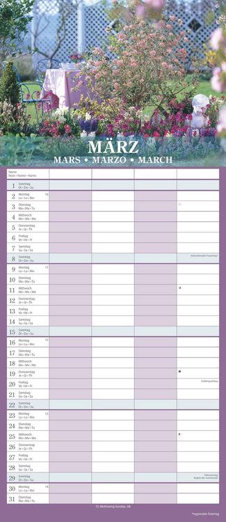 Gärten 2026 Familienplaner - Wandkalender - Familienkalender - 19,5x45