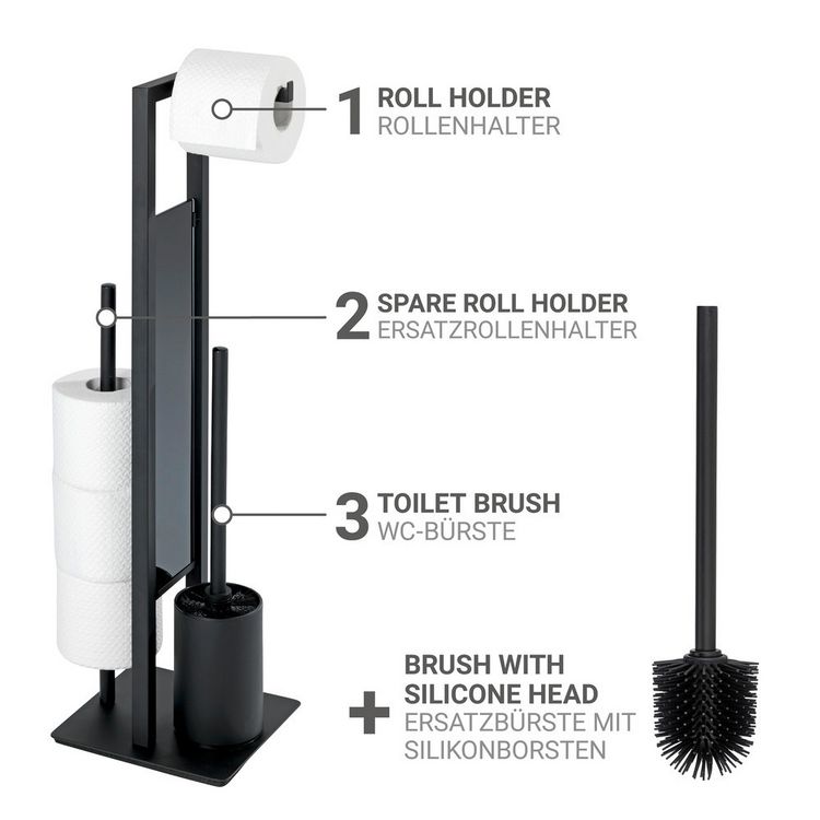 Produktbild: Stand WC-Garnitur Mod. Rivalta Schwarz mit Ersatzb&uuml;rste, integrierter Toilettenpapierhalter und