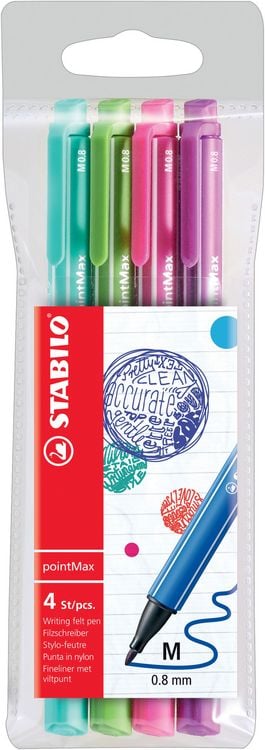 Produktbild: STABILO Filzschreiber -   pointMax - 4er Pack - Designfarben - eisgr&uuml;n, hellgr&uuml;n, rosarot, lila