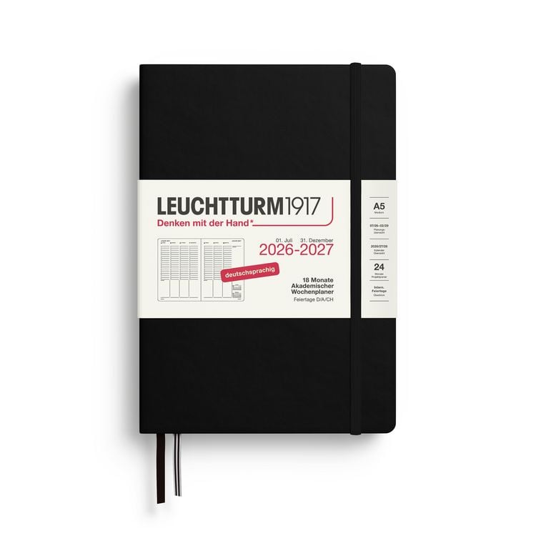 Produktbild: Akademischer Wochenplaner Medium (A5) 2027, 18 Monate, Schwarz, Deutsch