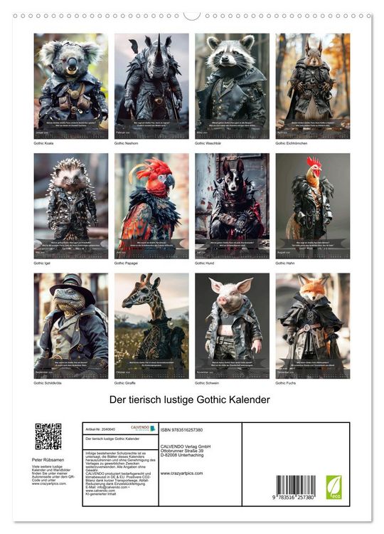 Produktbild: Der tierisch lustige Gothic Kalender (hochwertiger Premium Wandkalender 2026 DIN A2 hoch), Kunstdruck in Hochglanz