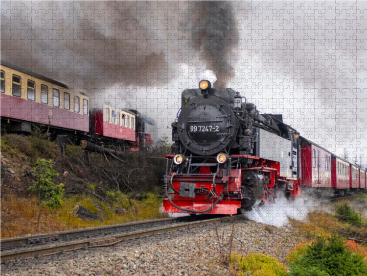 Produktbild: CALVENDO Puzzle Brockenbahn Zugkreuzung am Haltepunkt Goetheweg | 1000 Teile Lege-Gr&ouml;&szlig;e 64x48cm Foto-Puzzle f&uuml;r gl&uuml;ckliche Stunden