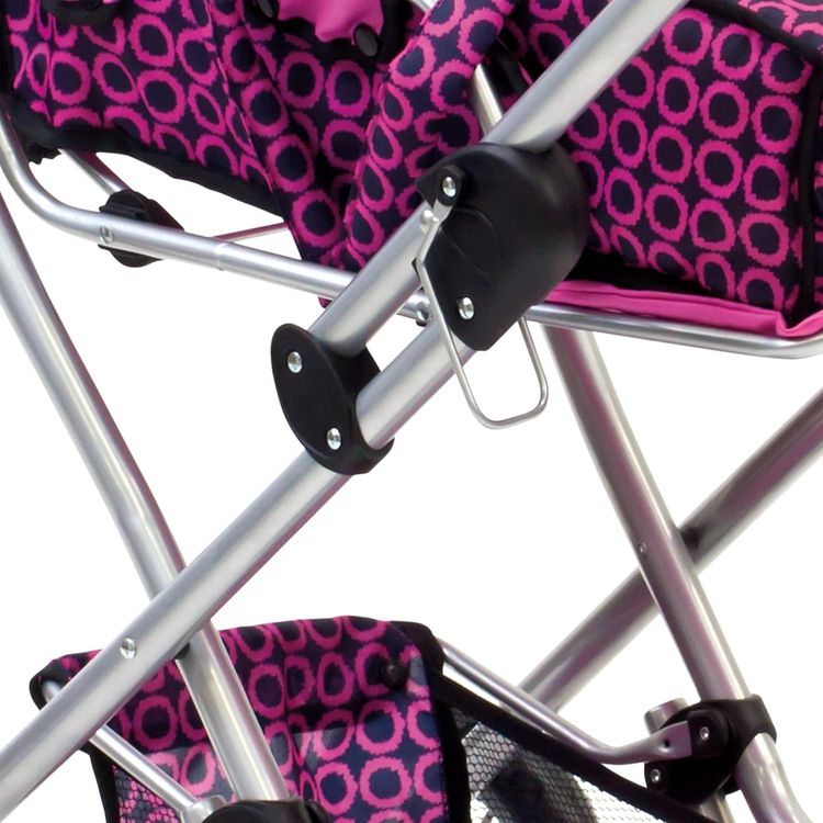 Bino 82916 - Colin Puppenwagen mit Tasche, Hängetasche und Netz, zusammenklappbar, rosa/schwarz