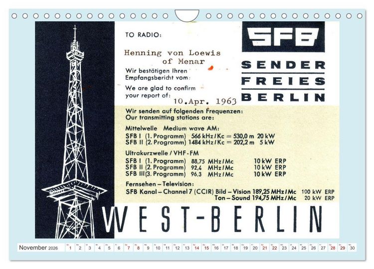 Produktbild: Rundfunk in Deutschland - Historische QSL-Karten (Wandkalender 2026 DIN A4 quer), CALVENDO Monatskalender