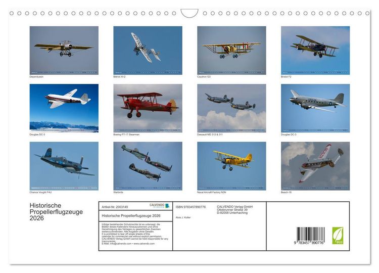 Produktbild: Historische Propellerflugzeuge 2026 (Wandkalender 2026 DIN A3 quer), CALVENDO Monatskalender