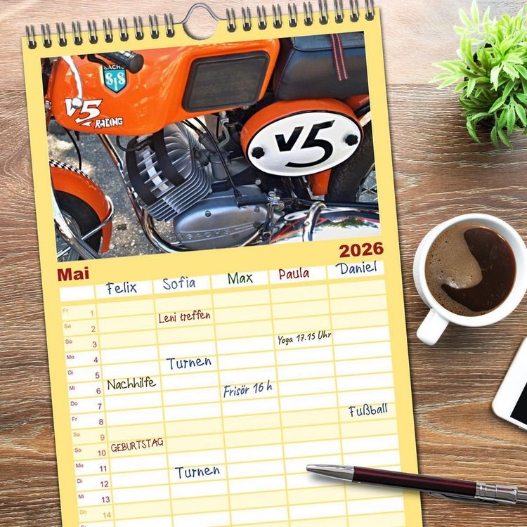 Produktbild: Familienplaner 2026 - Vintage Mopeds mit 5 Spalten (Wandkalender, 21 x 45 cm) CALVENDO