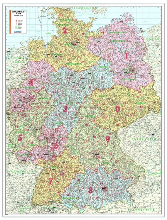 Produktbild: Postleitzahlenkarte Deutschland als Poster, mit Leisten