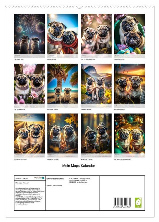 Produktbild: Mein Mops-Kalender (hochwertiger Premium Wandkalender 2026 DIN A2 hoch), Kunstdruck in Hochglanz