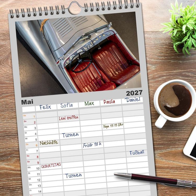 Produktbild: Familienplaner 2027 - Einsteigen, bitte! - Innenansichten automobiler Ikonen mit 5 Spalten (Wandkalender, 21 x 45 cm) CALVENDO