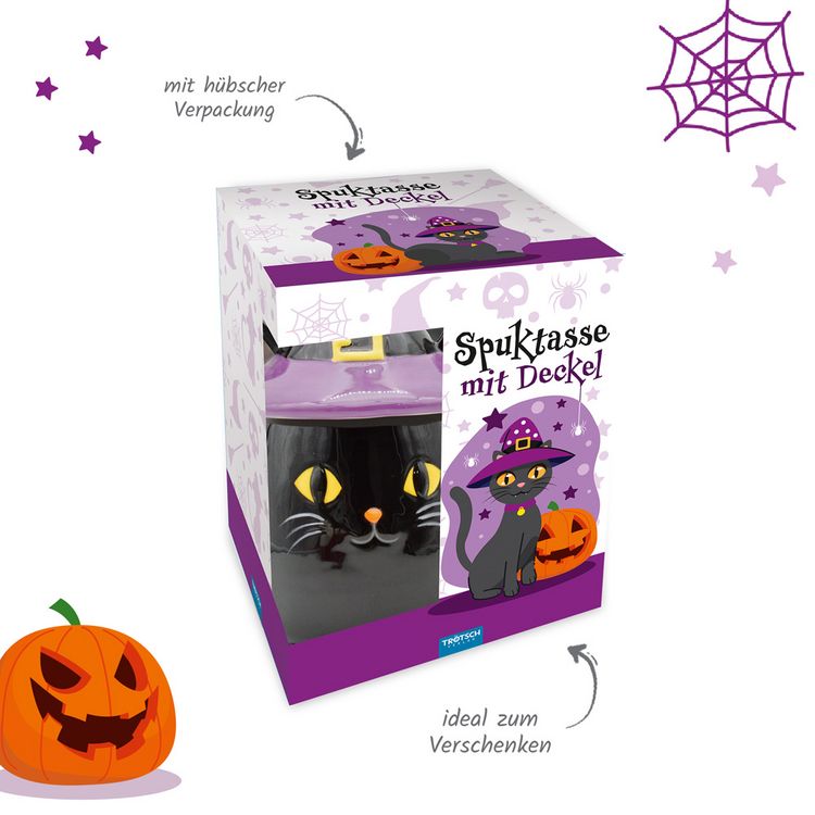 Produktbild: Tr&ouml;tsch Spuktasse mit Deckel Katze Keramiktasse Halloween