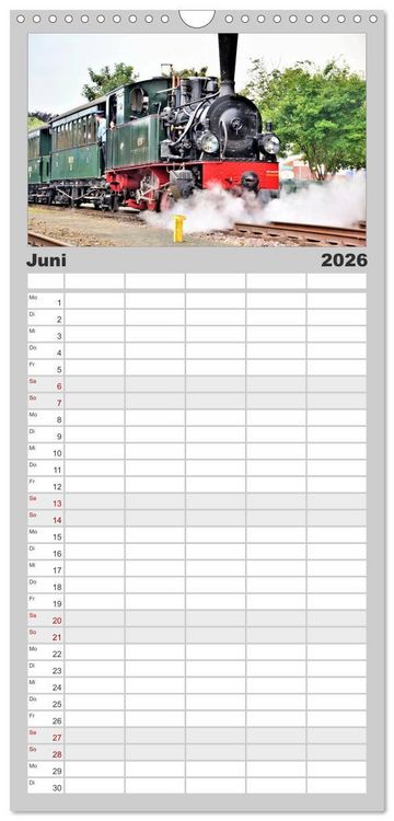 Produktbild: Familienplaner 2026 - Dampflok-Nostalgie - schwere Lokomotiven mit 5 Spalten (Wandkalender, 21 x 45 cm) CALVENDO