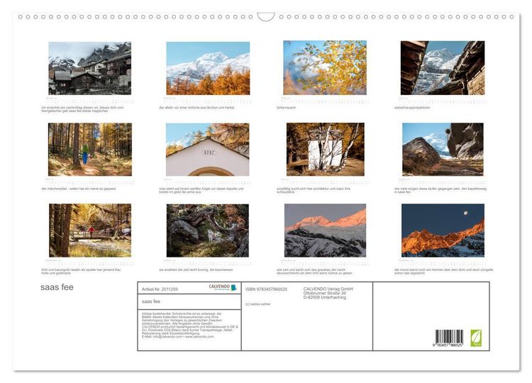 Produktbild: saas fee (Wandkalender 2026 DIN A2 quer), CALVENDO Monatskalender