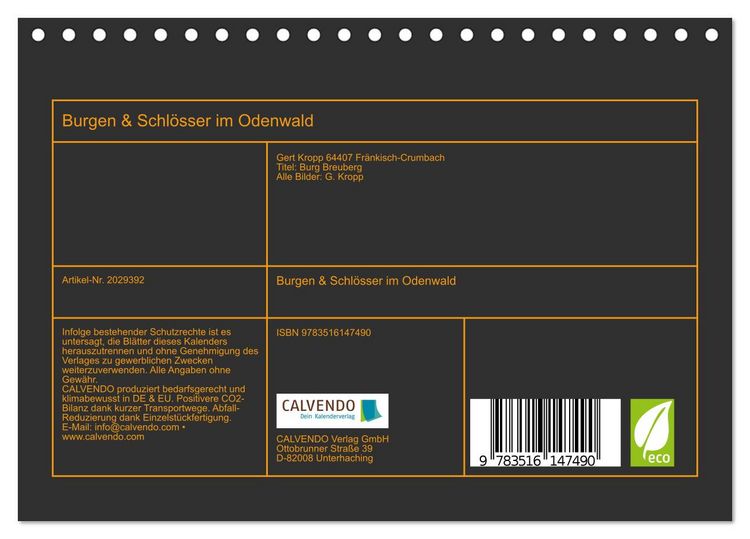 Produktbild: Burgen & Schl&ouml;sser im Odenwald (Tischkalender 2026 DIN A5 quer), CALVENDO Monatskalender