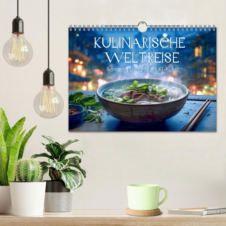 Produktbild: Kulinarische Weltreise. Ikonische Gerichte als KI-Kunst (Wandkalender 2026 DIN A4 quer), CALVENDO Monatskalender