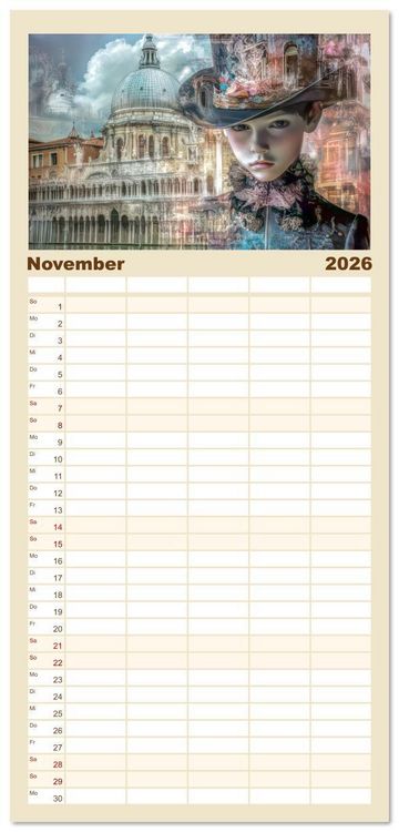 Produktbild: Familienplaner 2026 - Venezianischer Stil - In dezenten Farbt&ouml;nen mit 5 Spalten (Wandkalender, 21 x 45 cm) CALVENDO
