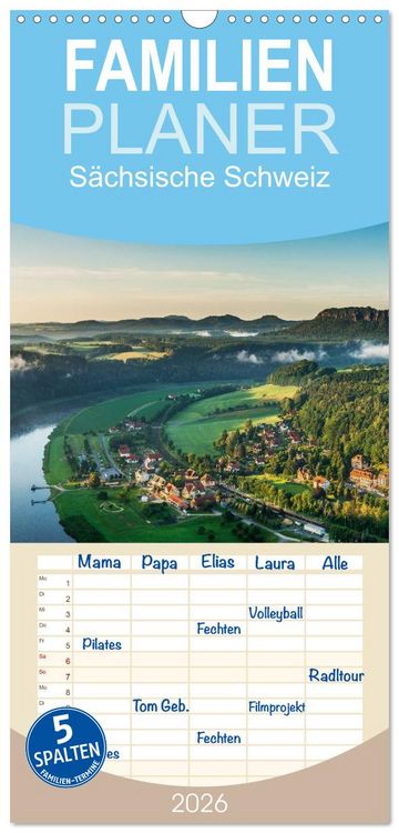 Produktbild: Familienplaner 2026 - S&auml;chsische Schweiz / Geburtstagsplaner mit 5 Spalten (Wandkalender, 21 x 45 cm) CALVENDO