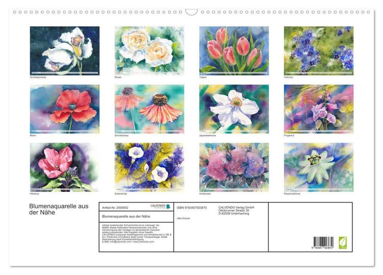 Produktbild: Blumenaquarelle aus der N&auml;he (Wandkalender 2026 DIN A2 quer), CALVENDO Monatskalender