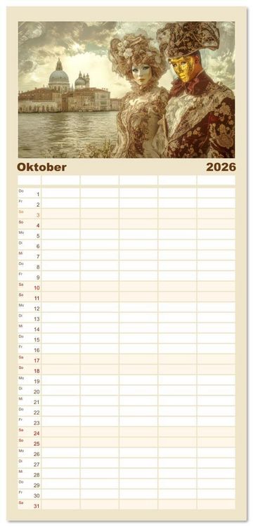 Produktbild: Familienplaner 2026 - Venezianischer Stil - In dezenten Farbt&ouml;nen mit 5 Spalten (Wandkalender, 21 x 45 cm) CALVENDO