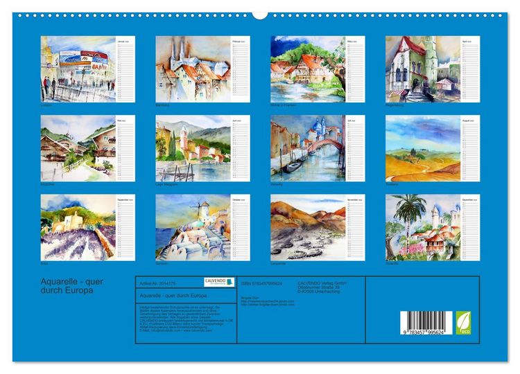 Produktbild: Aquarelle - quer durch Europa (hochwertiger Premium Wandkalender 2026 DIN A2 quer), Kunstdruck in Hochglanz