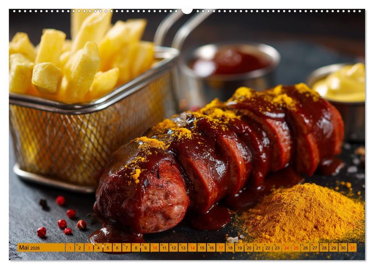 Produktbild: Currywurst Kalender - Das Berliner Kultgericht f&uuml;r Fleischliebhaber (hochwertiger Premium Wandkalender 2026 DIN A2 quer), Kunstdruck in Hochglanz