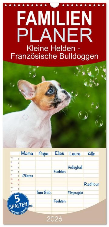 Produktbild: Familienplaner 2026 - Kleine Helden - Franz&ouml;sische Bulldoggen mit 5 Spalten (Wandkalender, 21 x 45 cm) CALVENDO