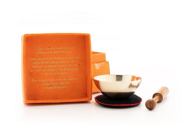 Produktbild: Mini-Klangschale in orangener Box mit 'Blume des Lebens' Aufdruck