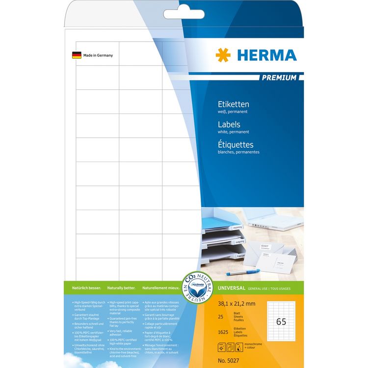 Produktbild: HERMA Etiketten permanent wei&szlig; 38,1x21,2mm 25 Blatt 1625 St&uuml;ck