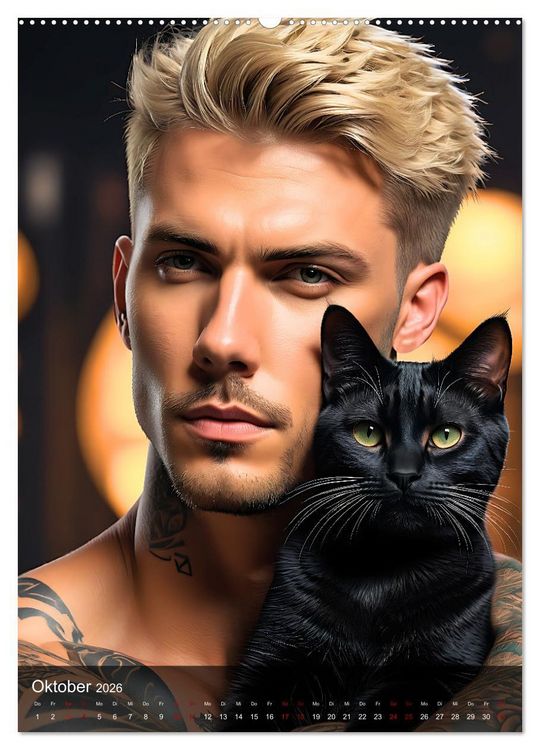 Produktbild: Verschmuste Kerle - Muskeln, Tattoos und Miezekatzen (hochwertiger Premium Wandkalender 2026 DIN A2 hoch), Kunstdruck in Hochglanz