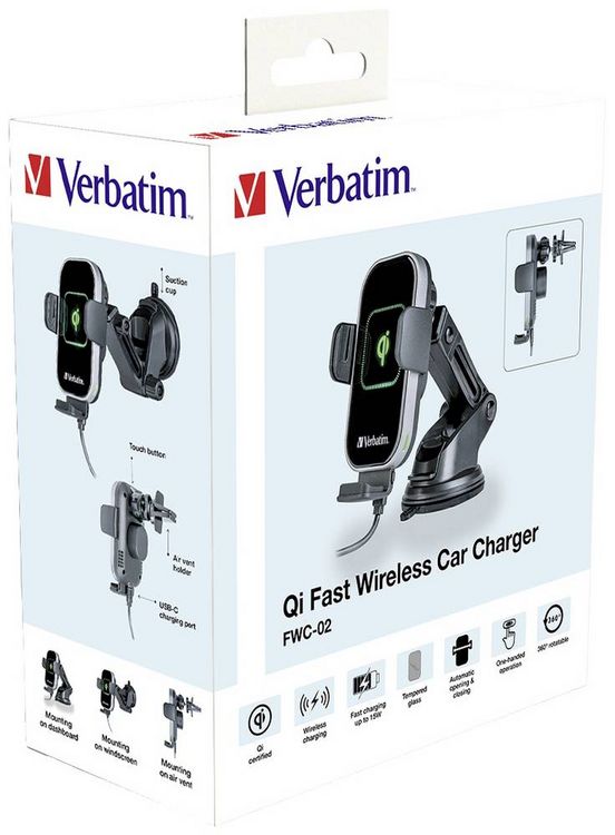 Produktbild: Verbatim Induktions-Ladeger&auml;t 15 W FWC-02 Qi Fast Wireless Car Charger 49553 Ausg&auml;nge Magnetanschluss Schwarz