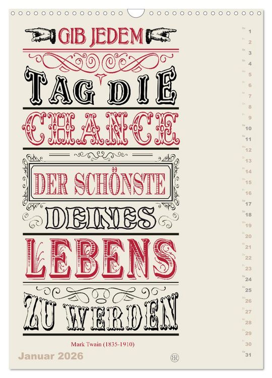 Produktbild: Die sch&ouml;nsten Lebensweisheiten Typo - Kalender (Wandkalender 2026 DIN A3 hoch), CALVENDO Monatskalender