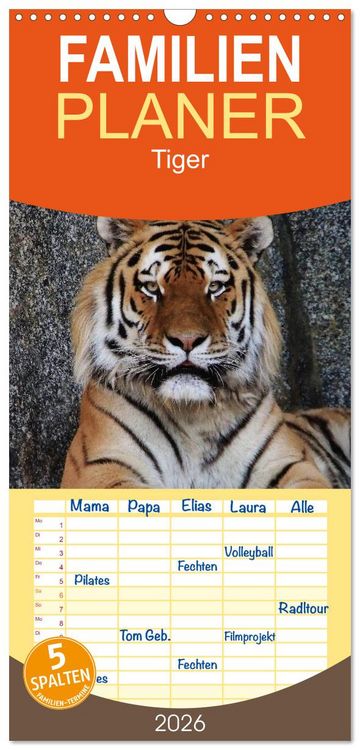 Produktbild: Familienplaner 2026 - Tiger mit 5 Spalten (Wandkalender, 21 x 45 cm) CALVENDO