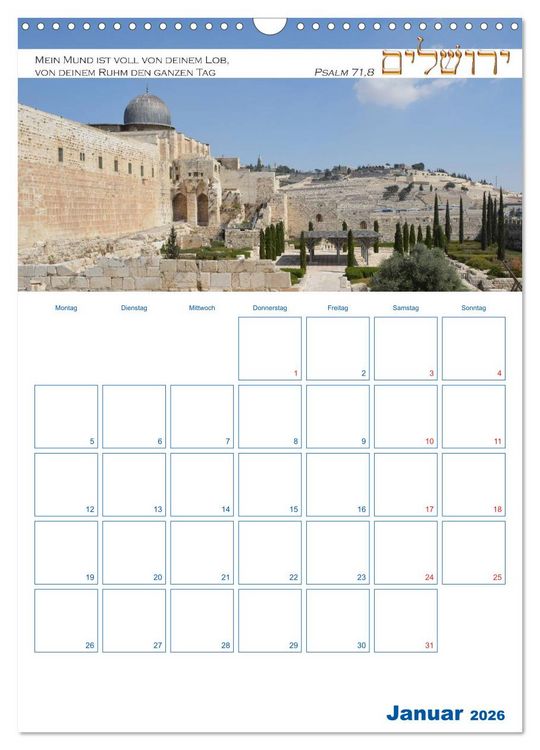 Produktbild: Jerusalem Kalender mit Bibelworten und Planer! (Wandkalender 2026 DIN A3 hoch), CALVENDO Monatskalender