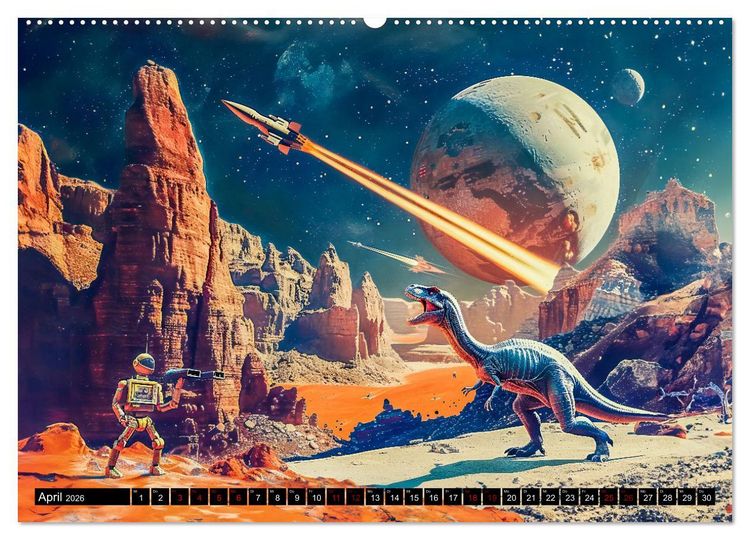 Produktbild: Dinosaurier Sci-Fi - Kampf der Urzeitgiganten im Weltall (Wandkalender 2026 DIN A2 quer), CALVENDO Monatskalender
