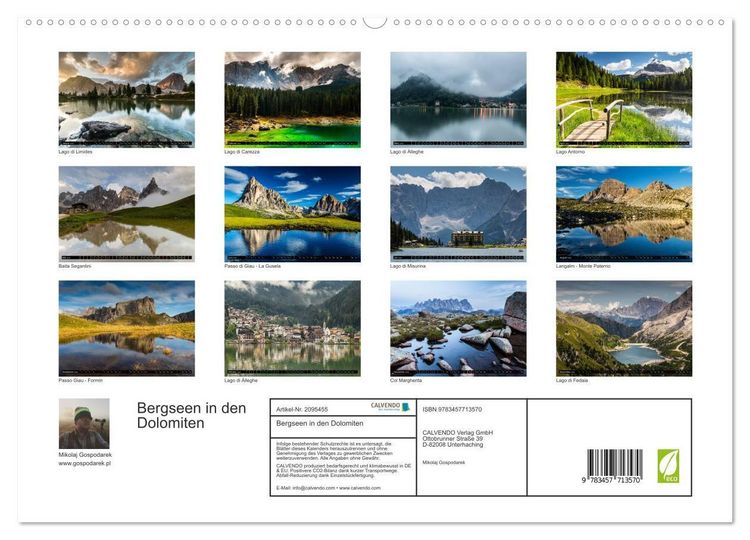 Produktbild: Bergseen in den Dolomiten (hochwertiger Premium Wandkalender 2026 DIN A2 quer), Kunstdruck in Hochglanz