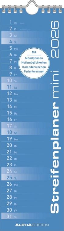 Bild vom Artikel Streifenplaner Mini BLAU 2026 - Streifenkalender - Wandplaner - Küchen-Kalender - 9,5x33 vom Autor Alpha Edition