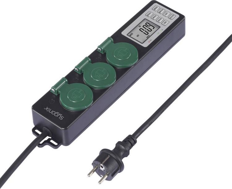 Produktbild: Sygonix SY-6786454 Gartensteckdose mit Zeitschaltuhr 3fach Schwarz, Gr&uuml;n Schutzkontakt 1St.