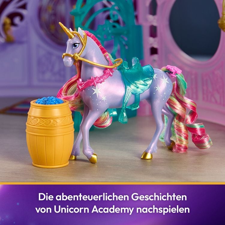 Produktbild: Unicorn Academy - Stall Spielset 90 cm inkl. Brunnen mit Licht- und Soundeffekten, 12 cm Einhorn & 24 Accessoires, Set zur Netflix Serie
