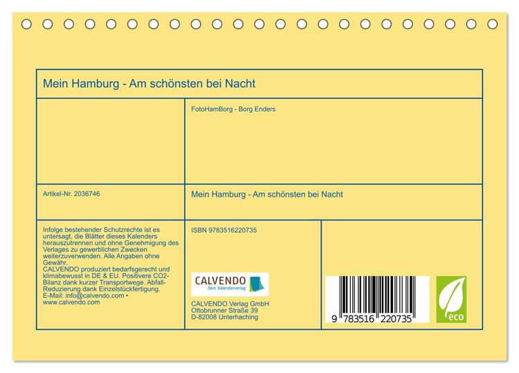 Produktbild: Mein Hamburg - Am sch&ouml;nsten bei Nacht (Tischkalender 2026 DIN A5 quer), CALVENDO Monatskalender