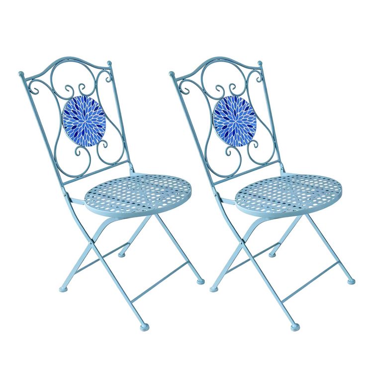 Produktbild: HTI-Living Gartenstuhl 2er-Set Metall Blau mit Bl&uuml;tenmotiv