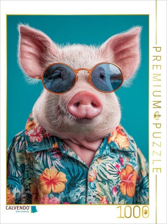 Produktbild: CALVENDO Puzzle Cooles Schwein mit Sonnenbrille und Hawaiihemd genie&szlig;t Urlaubsfeeling | 1000 Teile Lege-Gr&ouml;&szlig;e 64x48cm Foto-Puzzle f&uuml;r gl&uuml;ckliche Stund