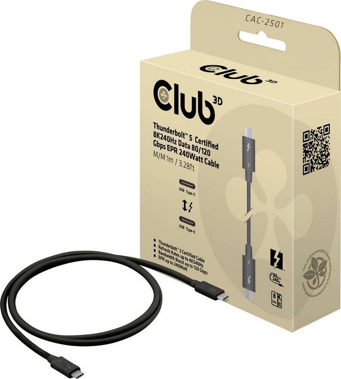 Produktbild: club3D Thunderbolt&trade;-Kabel Thunderbolt&trade; (USB-C&reg;) Stecker 1.00 m Schwarz CAC-2501