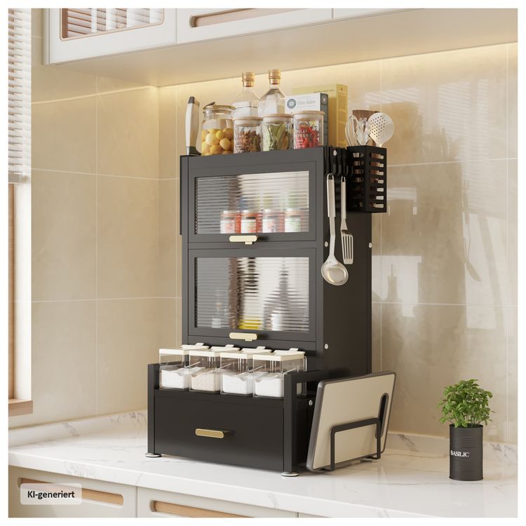 Produktbild: HTI-Living Gew&uuml;rzregal mit T&uuml;ren und Schublade Metall Schwarz