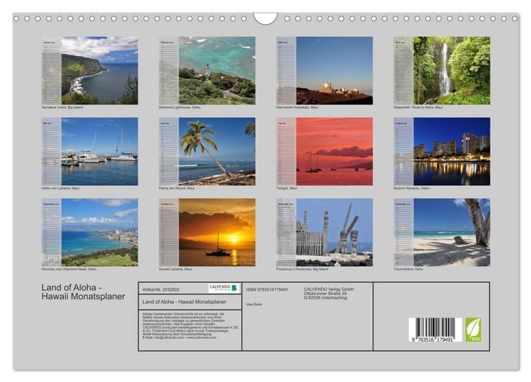 Produktbild: Land of Aloha - Hawaii Monatsplaner (Wandkalender 2026 DIN A3 quer), CALVENDO Monatskalender