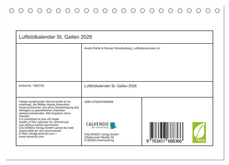 Produktbild: Luftbildkalender St. Gallen 2026 (Tischkalender 2026 DIN A5 quer), CALVENDO Monatskalender