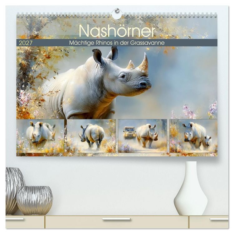 Produktbild: Nash&ouml;rner. M&auml;chtige Rhinos in der Grassavanne (hochwertiger Premium Wandkalender 2027 DIN A2 quer), Kunstdruck in Hochglanz
