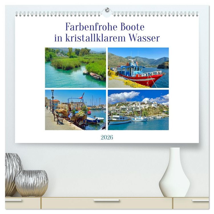 Produktbild: Farbenfrohe Boote in kristallklarem Wasser (hochwertiger Premium Wandkalender 2026 DIN A2 quer), Kunstdruck in Hochglanz