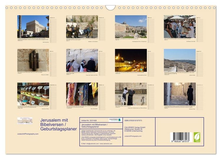 Produktbild: Jerusalem mit Bibelversen / Geburtstagsplaner (Wandkalender 2026 DIN A3 quer), CALVENDO Monatskalender