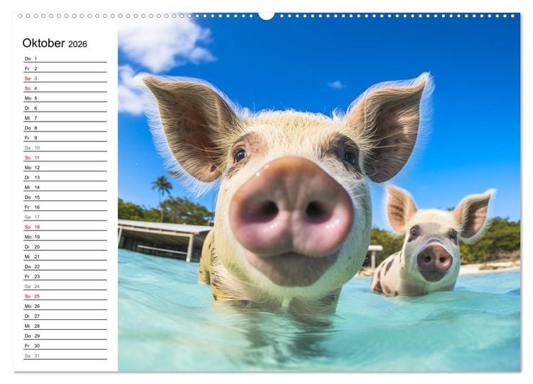 Produktbild: Schweinereien in der Karibik. Sonne und Spa&szlig; mit schwimmenden Schweinen (hochwertiger Premium Wandkalender 2026 DIN A2 quer), Kunstdruck in Hochglanz