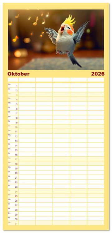 Produktbild: Familienplaner 2026 - Klein, laut, lustig - Nymphensittiche mit 5 Spalten (Wandkalender, 21 x 45 cm) CALVENDO