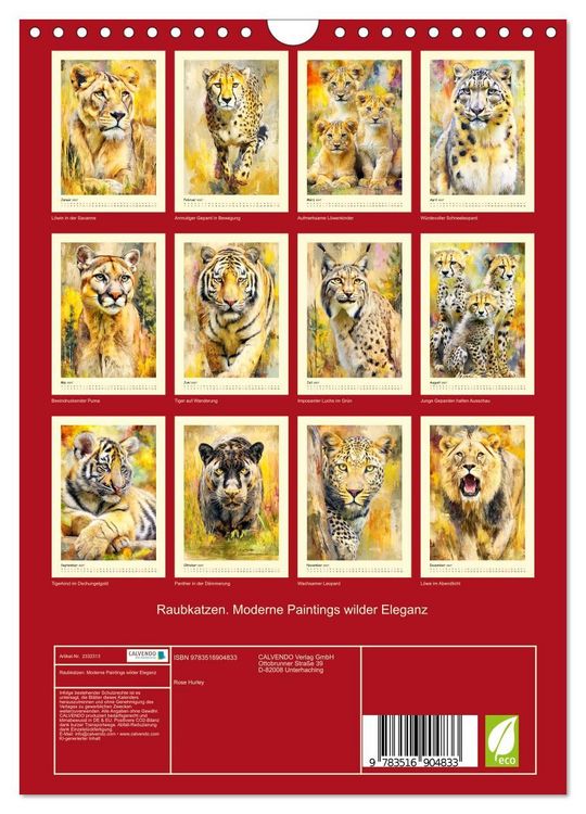 Produktbild: Raubkatzen. Moderne Paintings wilder Eleganz (Wandkalender 2027 DIN A4 hoch), CALVENDO Monatskalender
